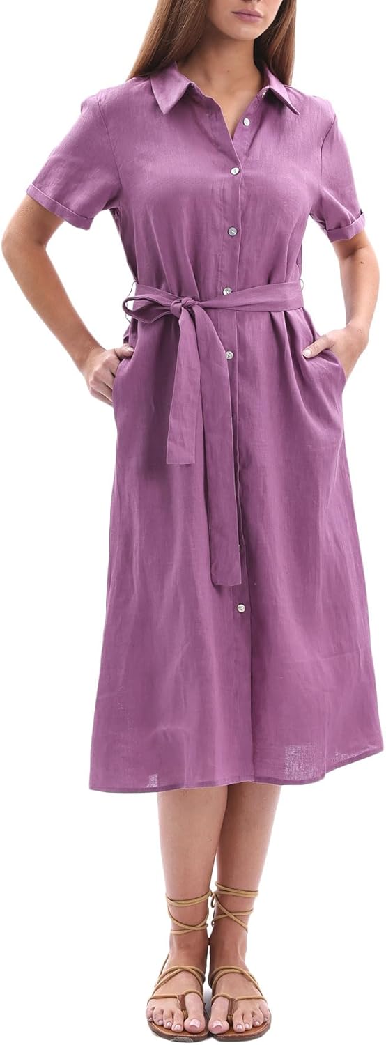 Women's 100% Linen Button Down Midi Shirt Dresses