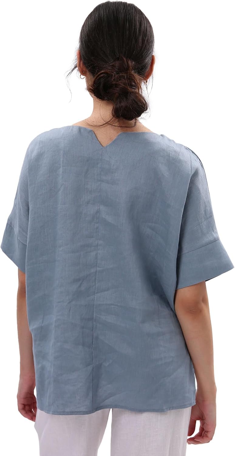 Women's 100% Linen Tops Crewneck Short Sleeve Blouses