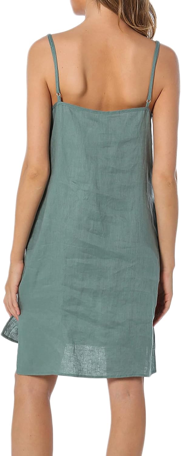 Women's 100% Linen V Neck Spaghetti Strap Dresses with Slit