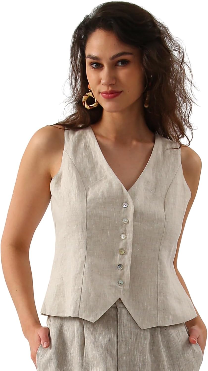 Women's 100% Linen Sleeveless Button Down Crop Waistcoat