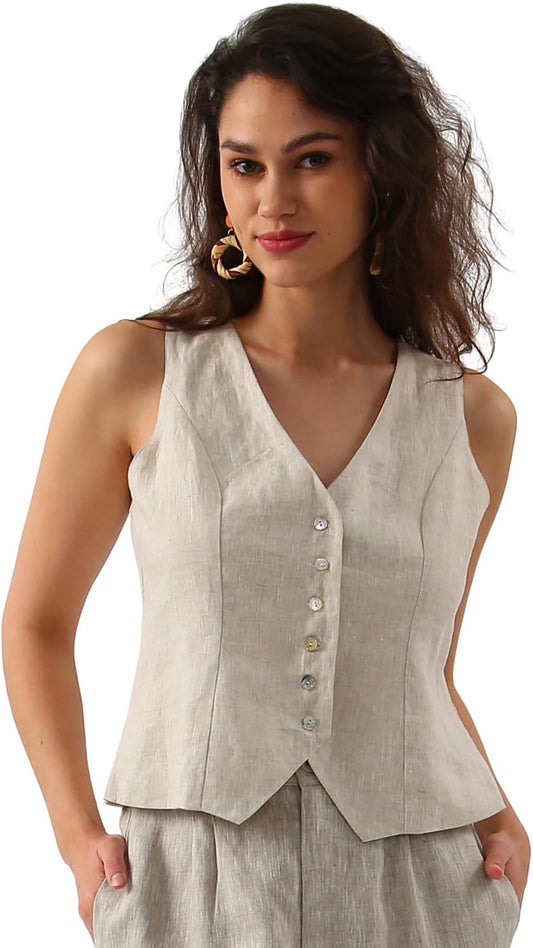 Women's 100% Linen Sleeveless Button Down Crop Waistcoat