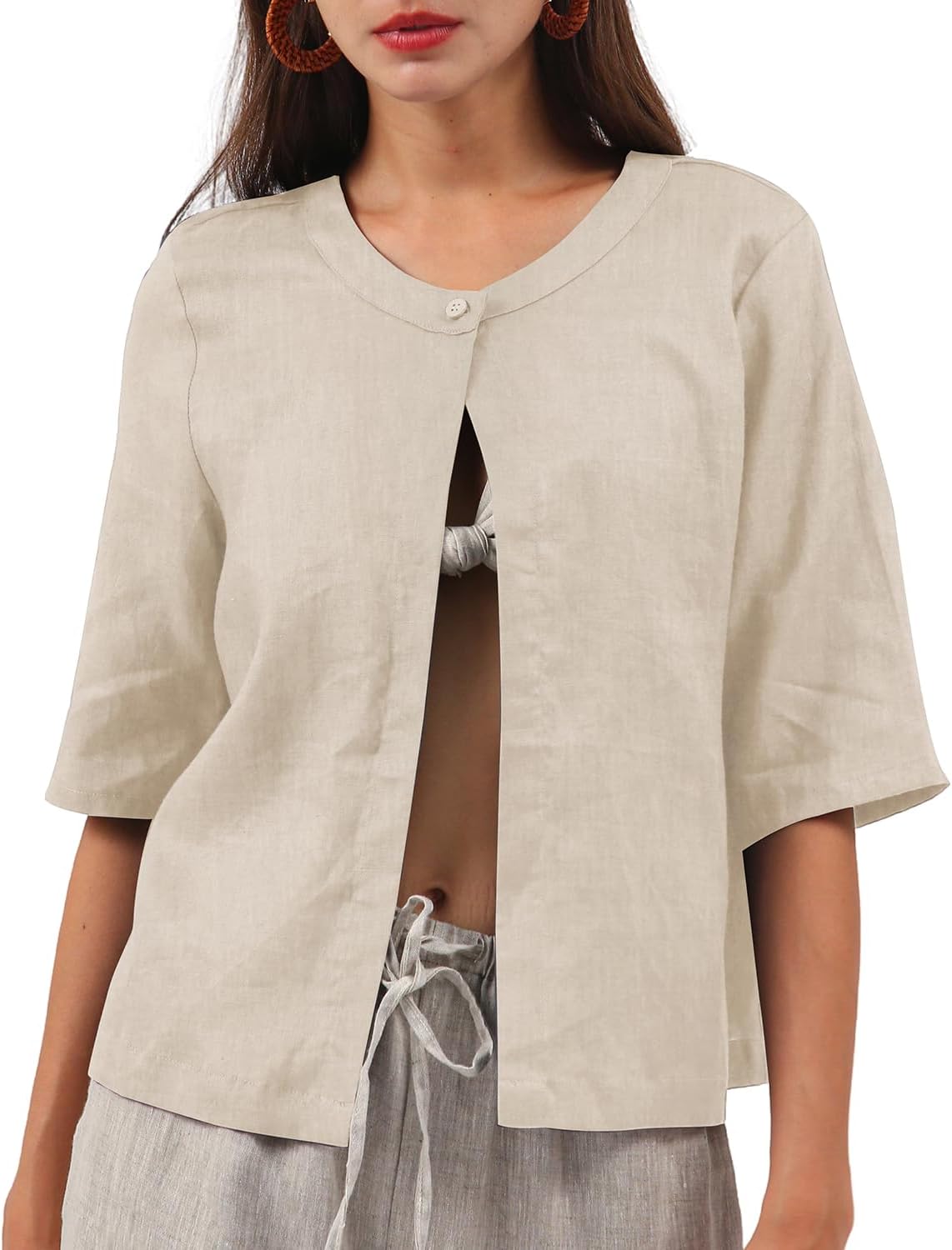 Women's 100% Linen Open Front Elbow Sleeve Cropped Cardigan