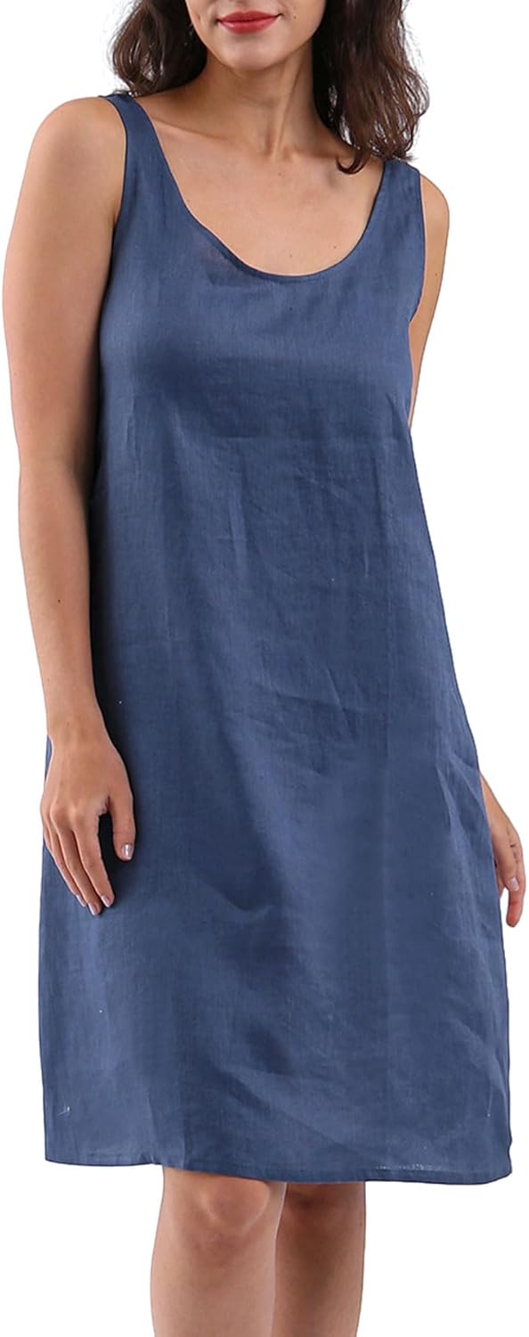 Women's 100% Linen Sleeveless Midi Tank Dresses