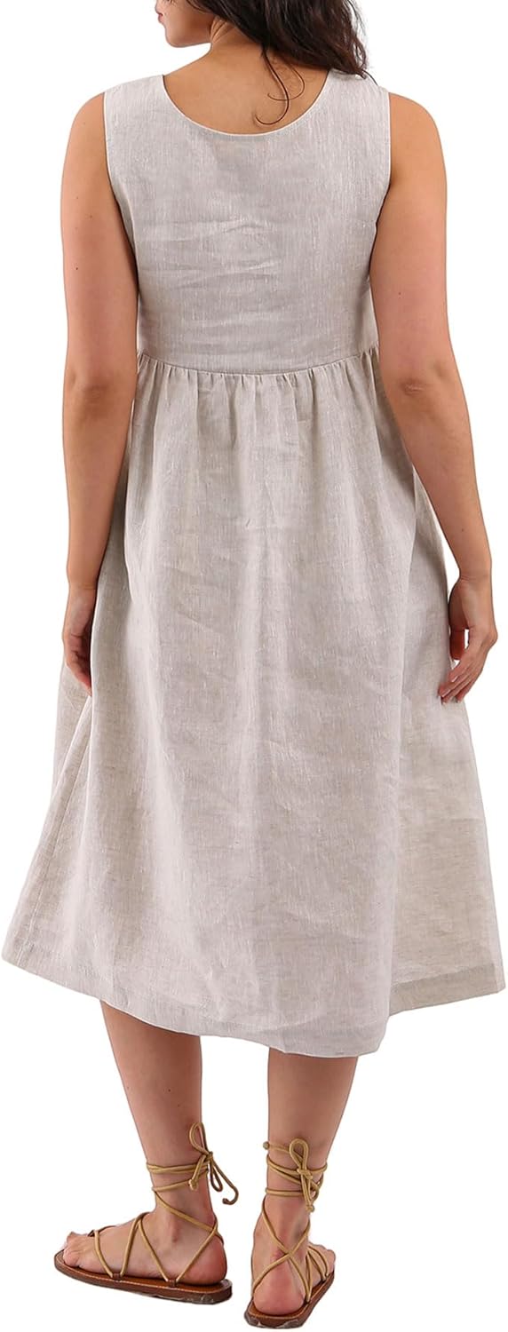 Women's 100% Linen Sleeveless Button Front Pleated Midi Dresses