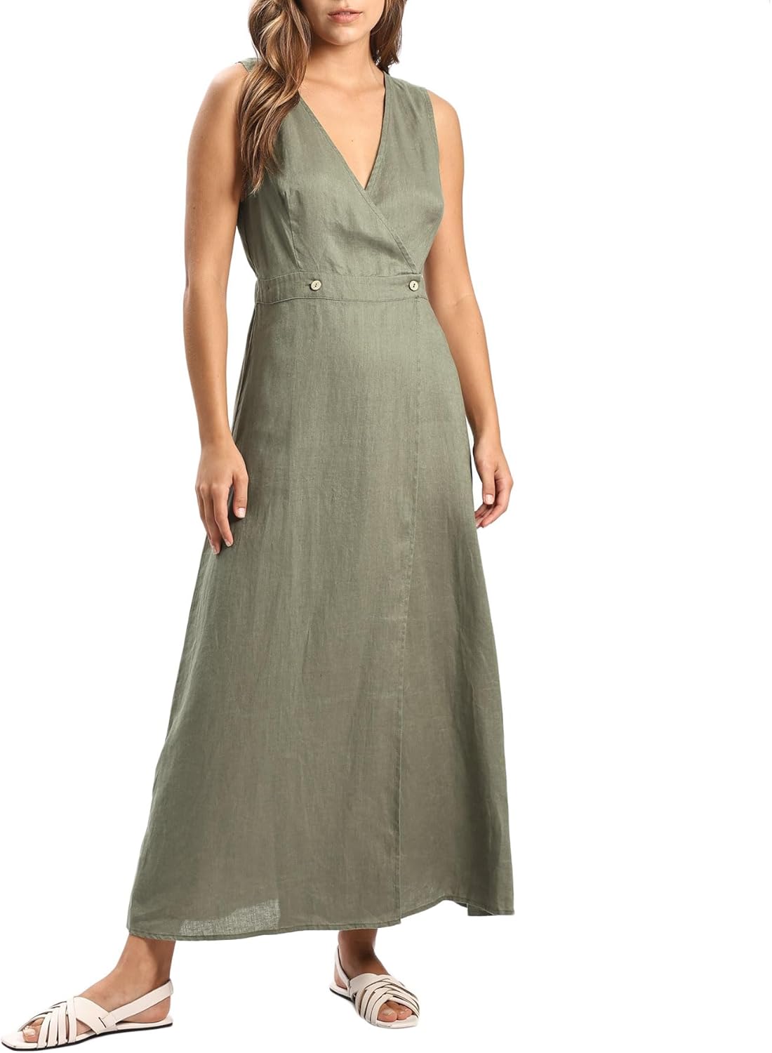 Women's 100% Linen Sleevelesss V-Neck Wrap Midi Dresses
