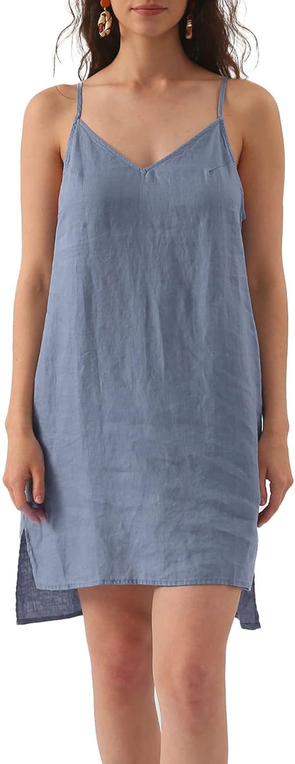 Women's 100% Linen V Neck Spaghetti Strap Dresses with Slit