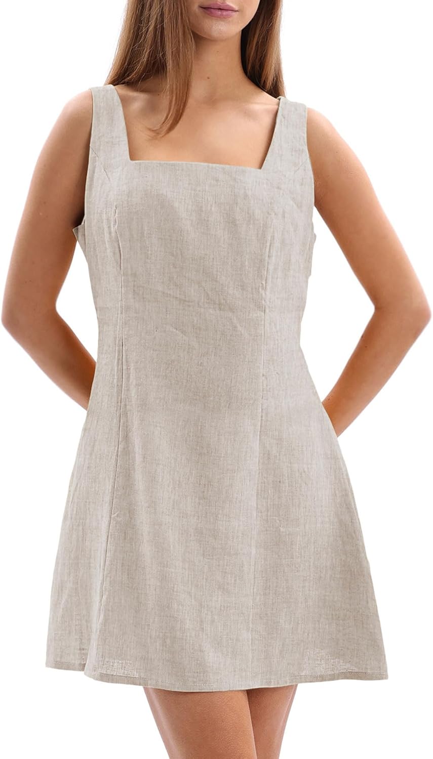 Women's 100% Linen Square Neck Sleeveless Mini Tank Dresses