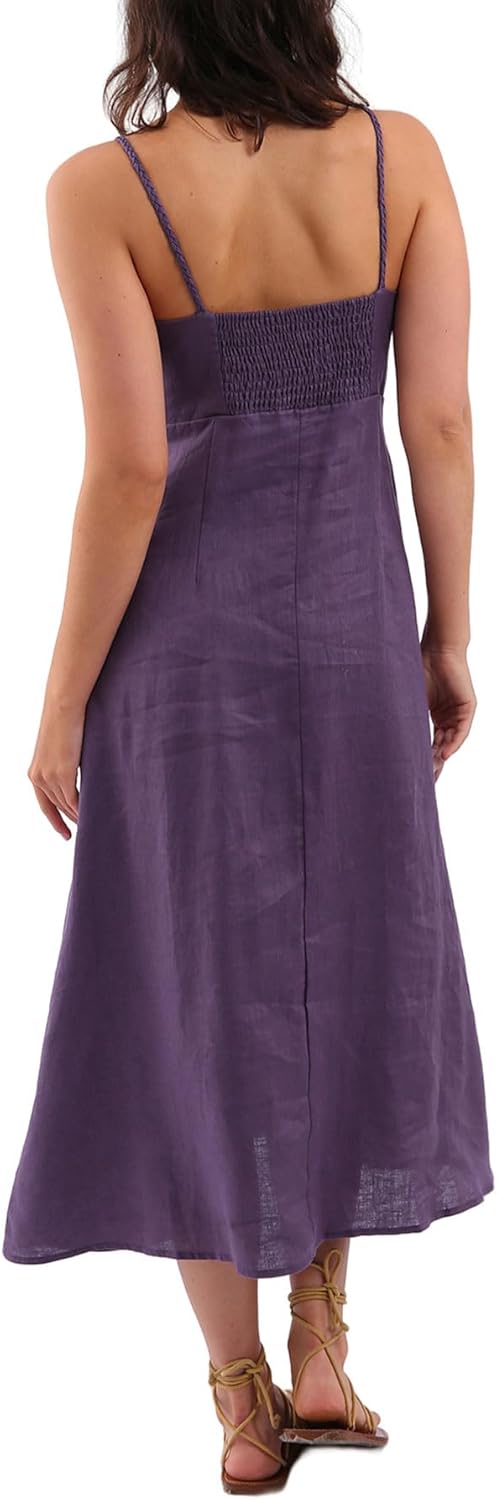 Women's 100% Linen Spaghetti Strap Button Down Midi Dress
