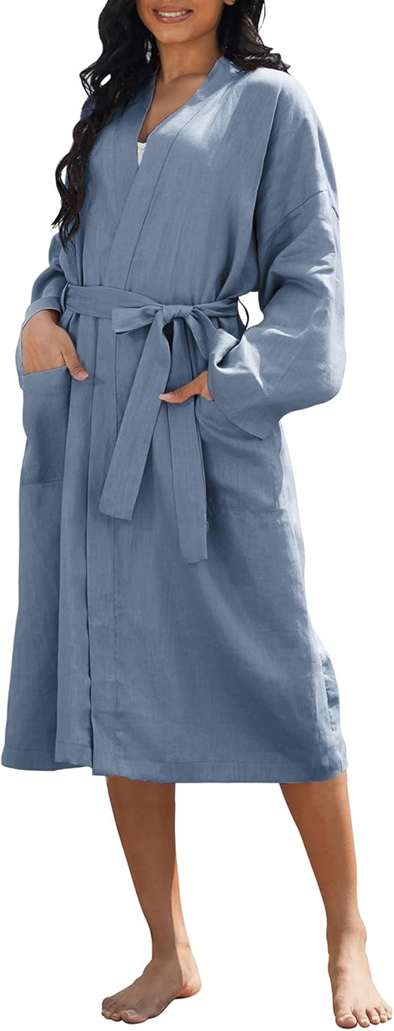 Women's 100% Linen Mid Length Kimono Robes Long Sleeve Bathrobe