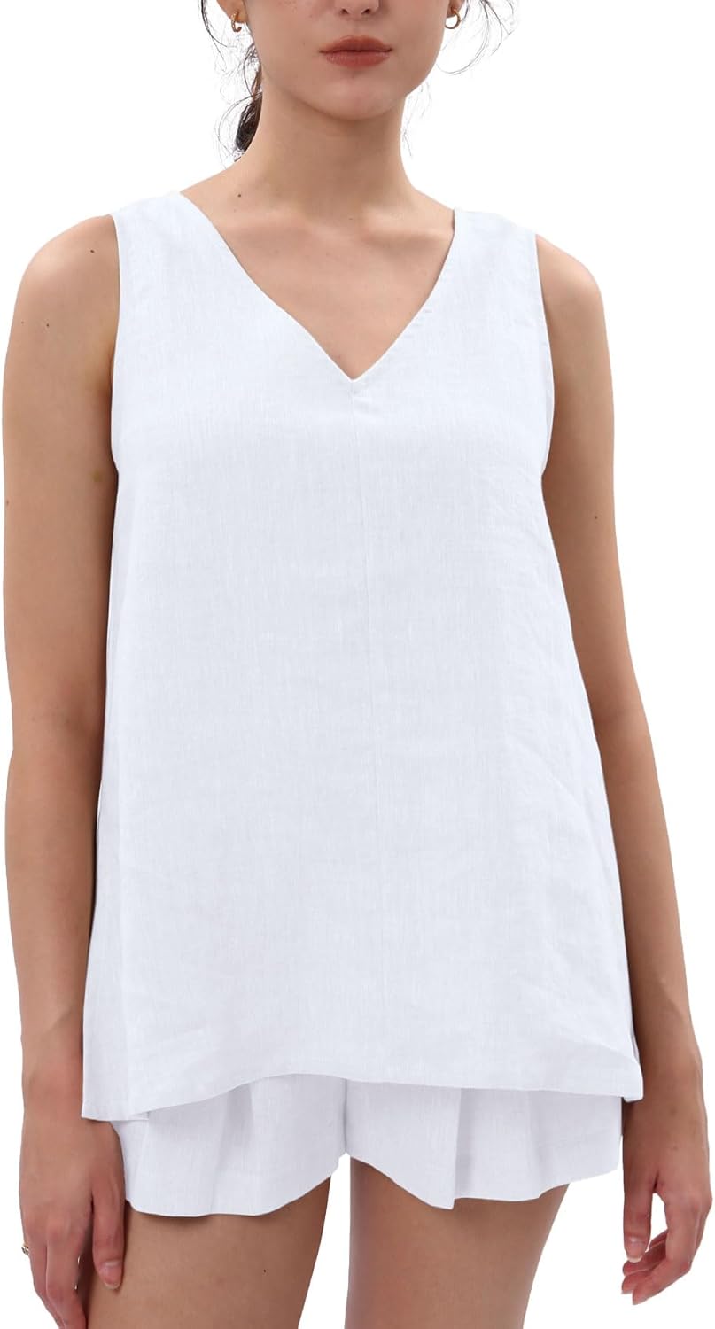Women's 100% Linen V Neck Sleeveless Tunic Tank Tops