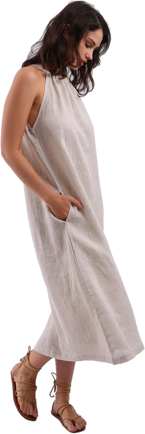 Women's Linen Halter Sleeveless Maxi Dress