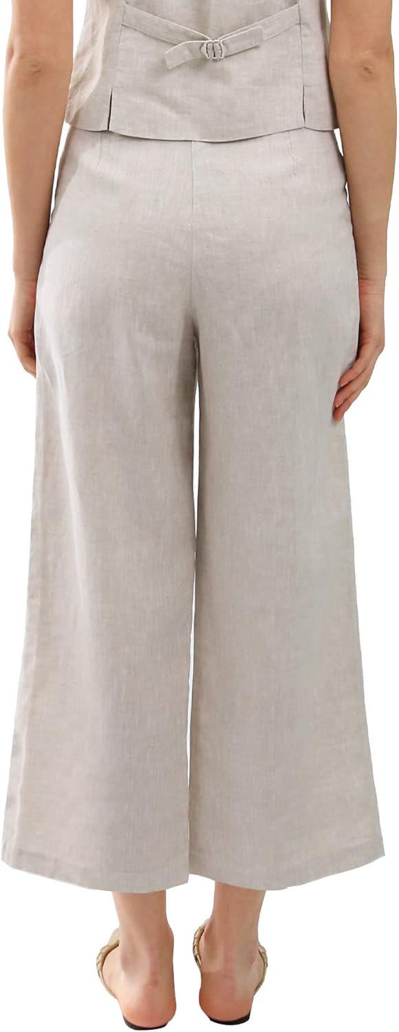 Women's 100% Linen Pleated Front Ankle Pants