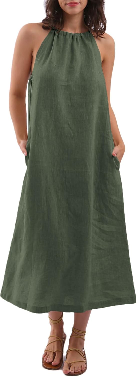 Women's Linen Halter Sleeveless Maxi Dress