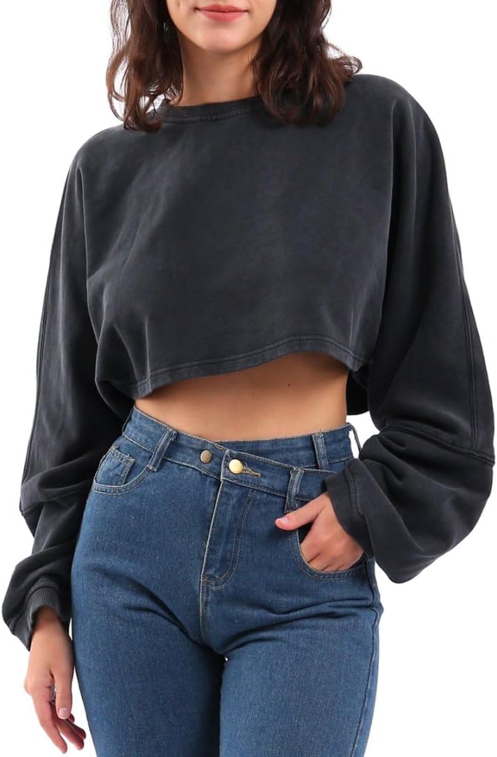 Women's Acid Washed High Cropped Sweatshirt