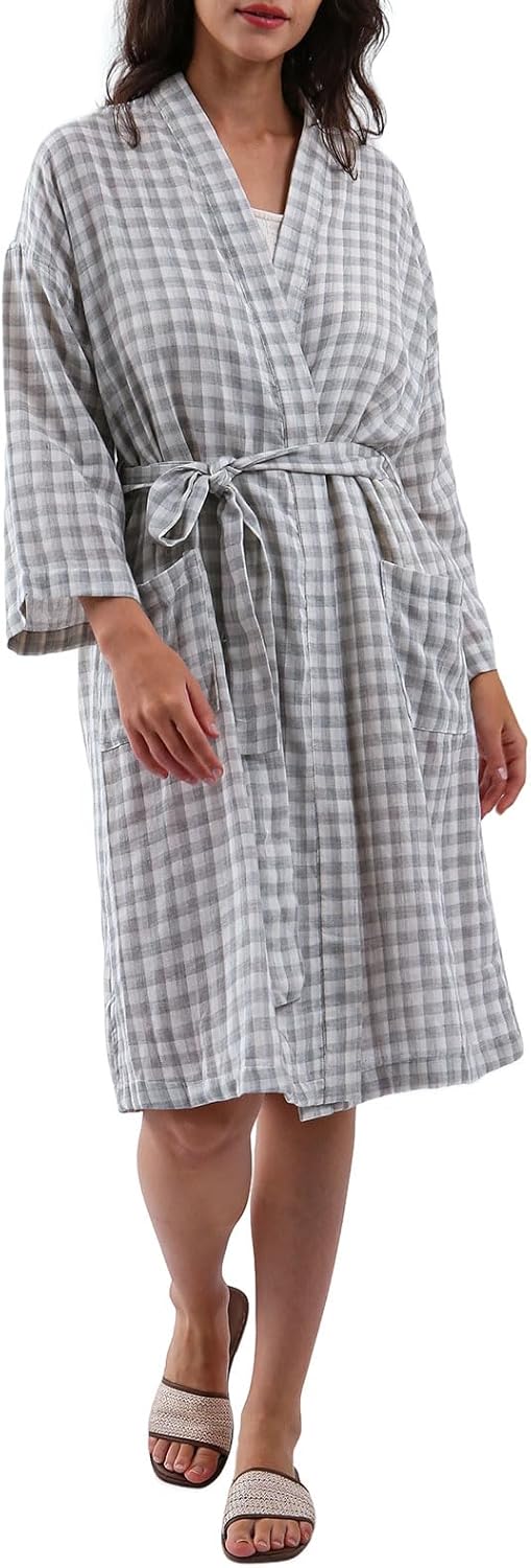 Women's Cotton Gauze Lightweight Plaid Kimono Bath Robe