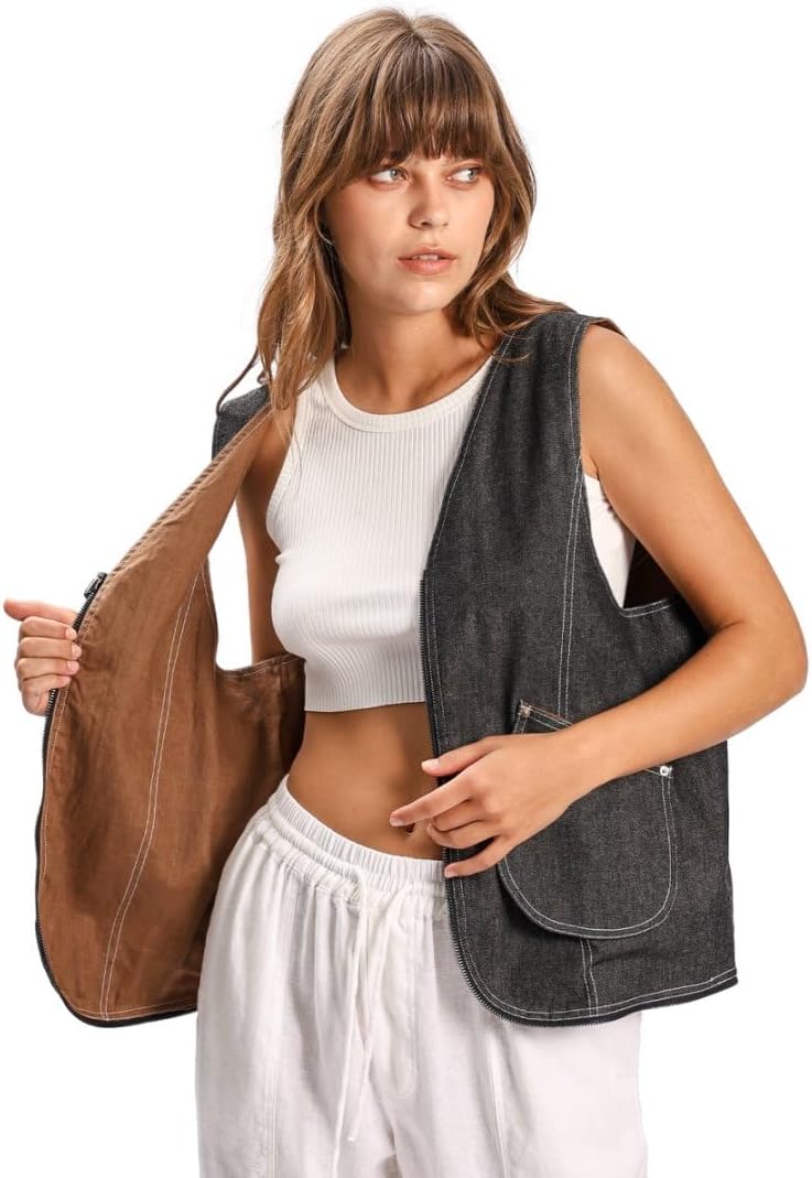 Women's Linen Denim Zip-up Waistcoat Sleeveless Tops Dual-use Hobo Bag