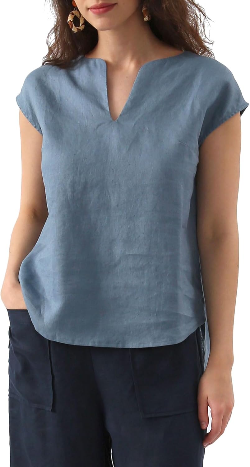 Women's 100% Linen Cap Sleeve Blouse Basic Top
