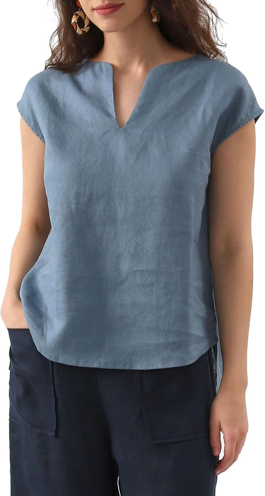 Women's 100% Linen Cap Sleeve Blouse Basic Top