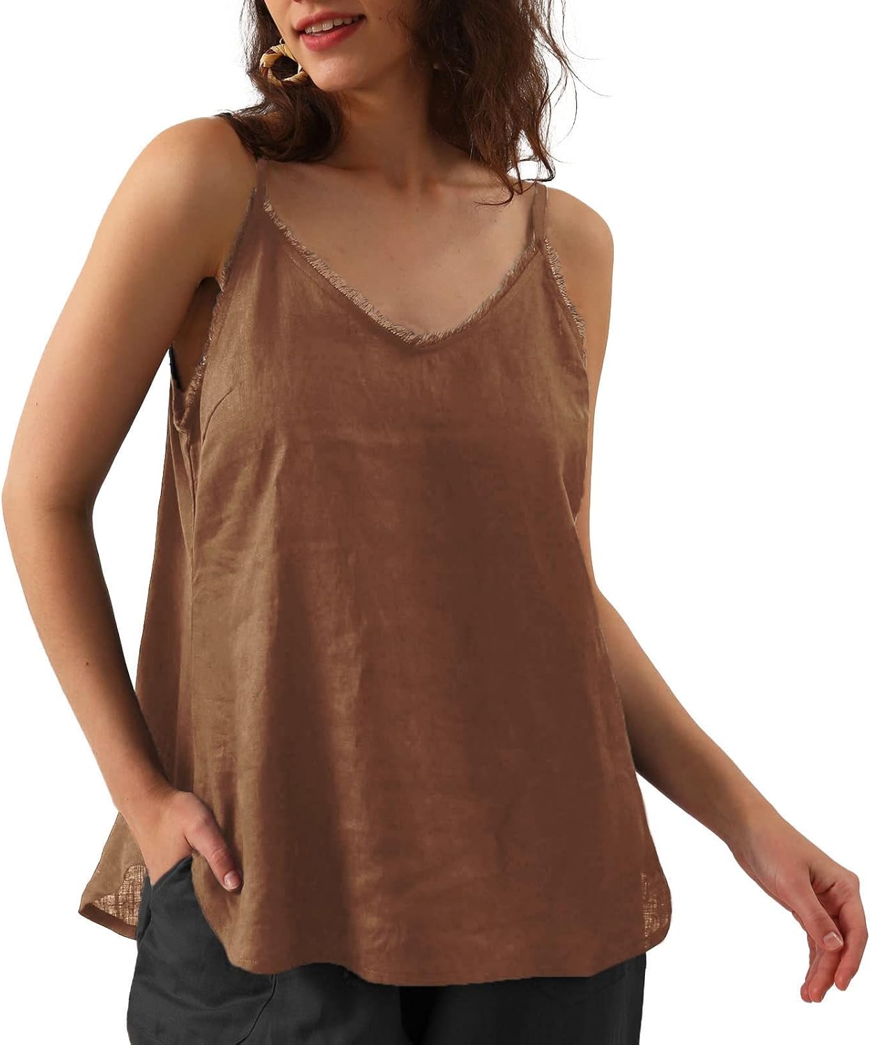 Women's 100% Linen Camisole Sleeveless Tops with Tassels