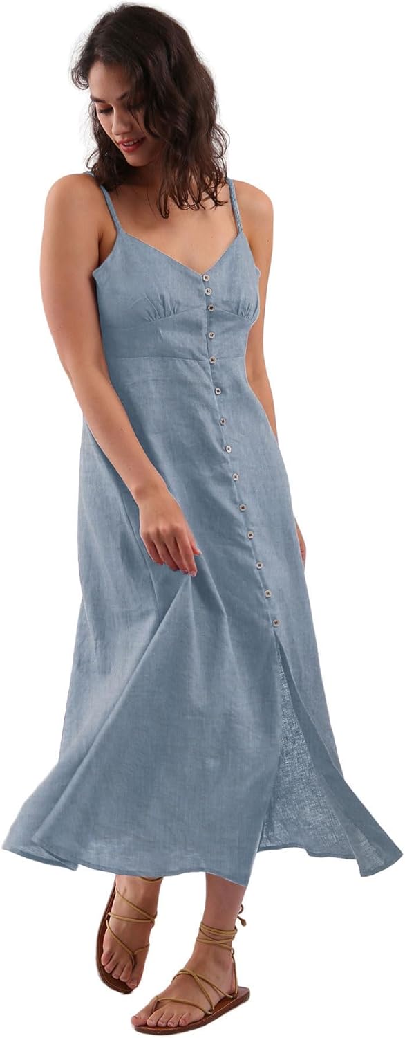 Women's 100% Linen Spaghetti Strap Button Down Midi Dress
