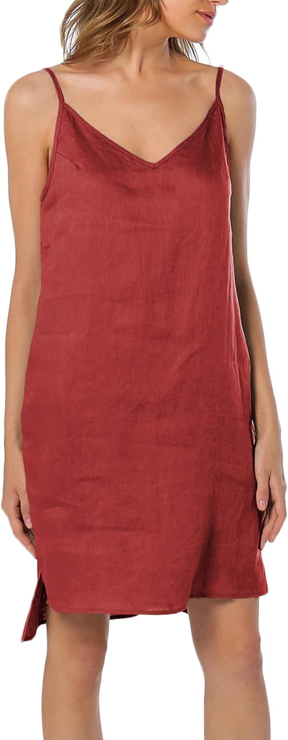Women's 100% Linen V Neck Spaghetti Strap Dresses with Slit