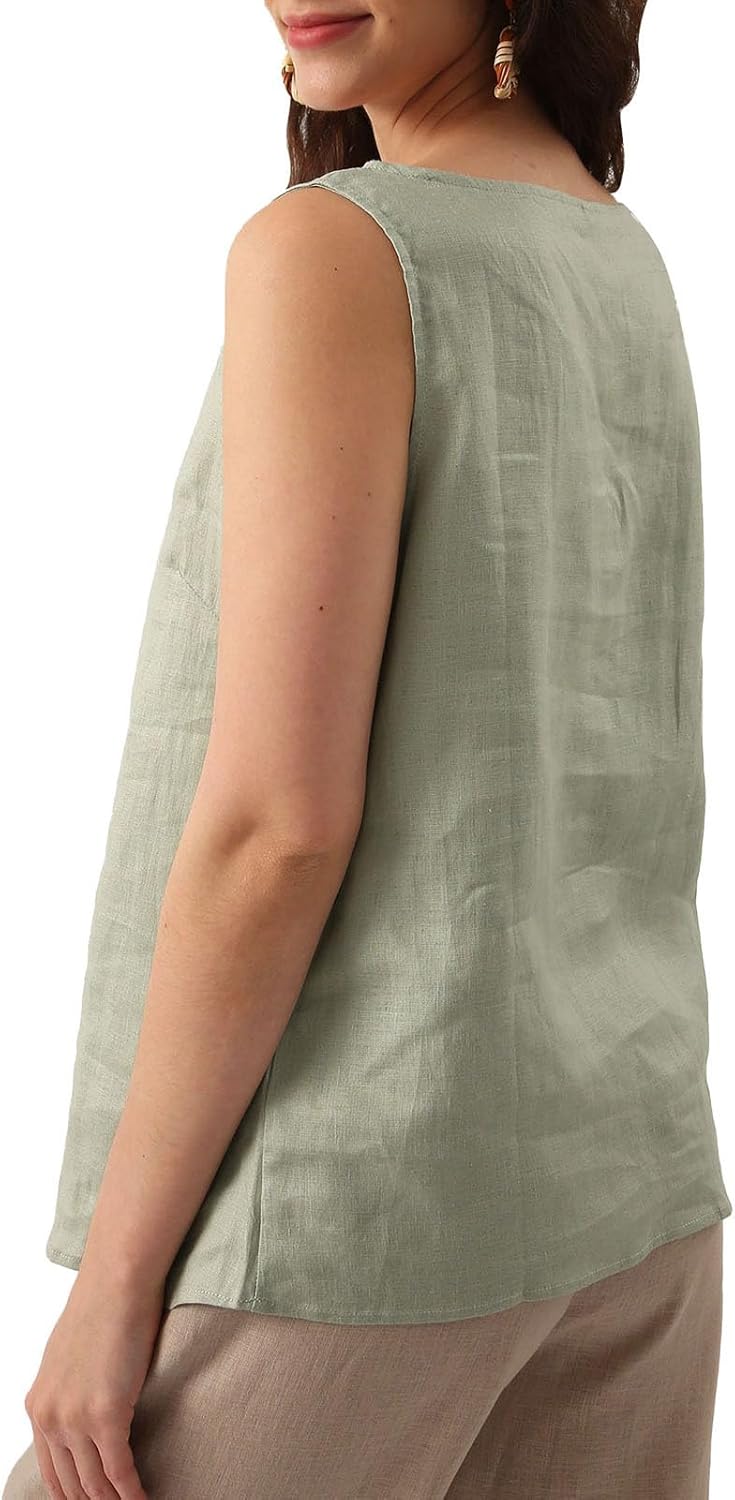 Women's 100% Linen Crewneck Sleeveless Tank Tops