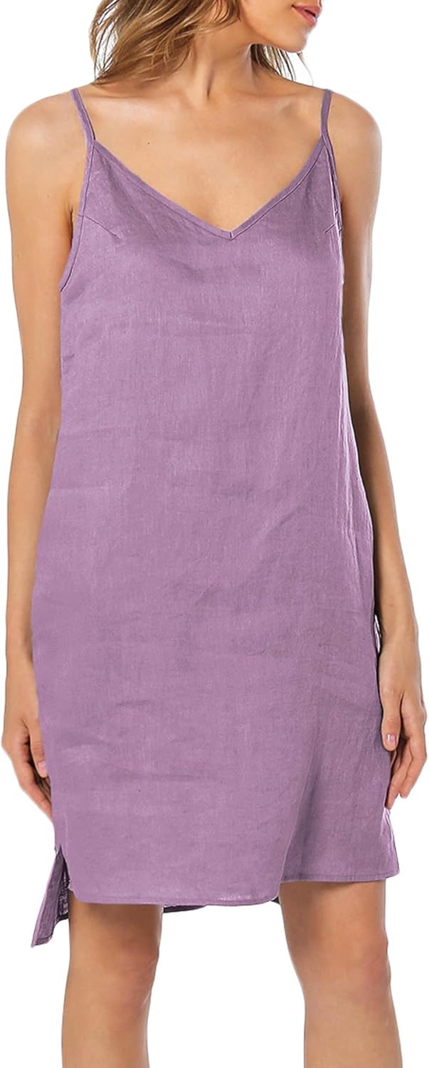 Women's 100% Linen V Neck Spaghetti Strap Dresses with Slit
