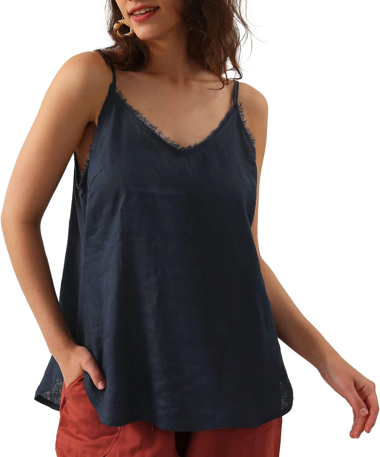 Women's 100% Linen Camisole Sleeveless Tops with Tassels