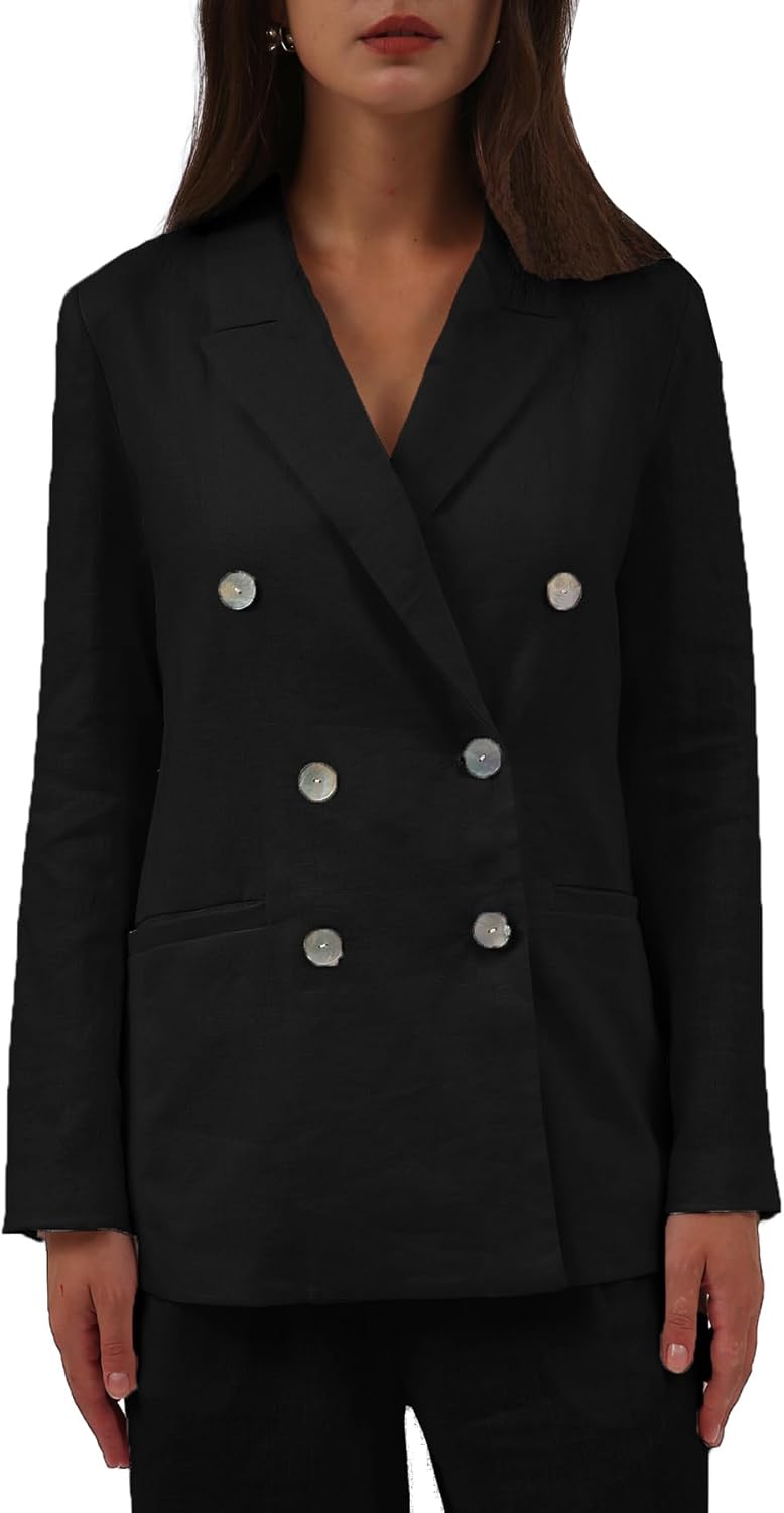 Women's 100% Linen Double-Breasted Notched Blazer