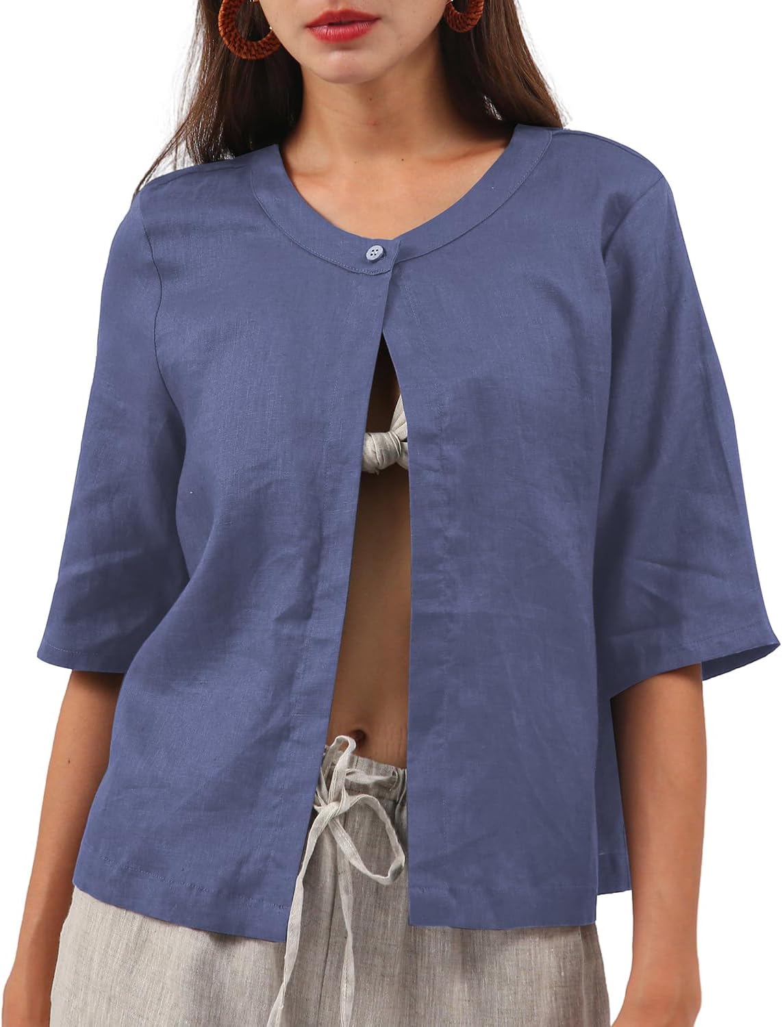 Women's 100% Linen Open Front Elbow Sleeve Cropped Cardigan