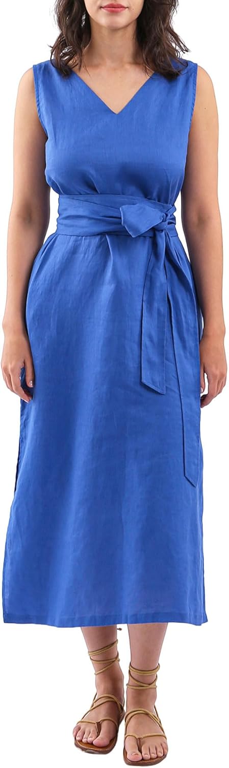 Women's 100% Linen Sleeveless Midi Dresses with Belt