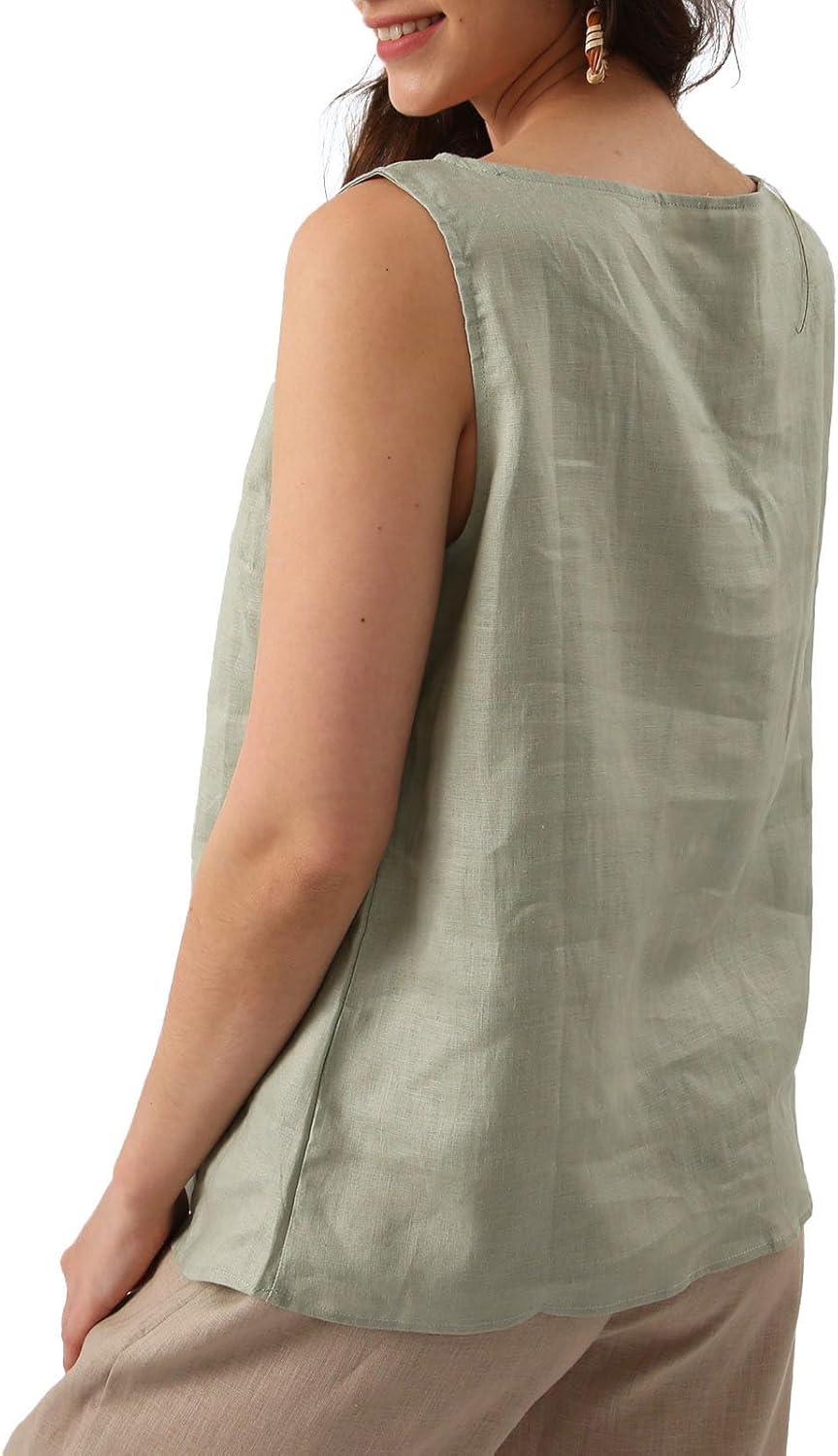 Women's 100% Linen Crewneck Sleeveless Tank Tops
