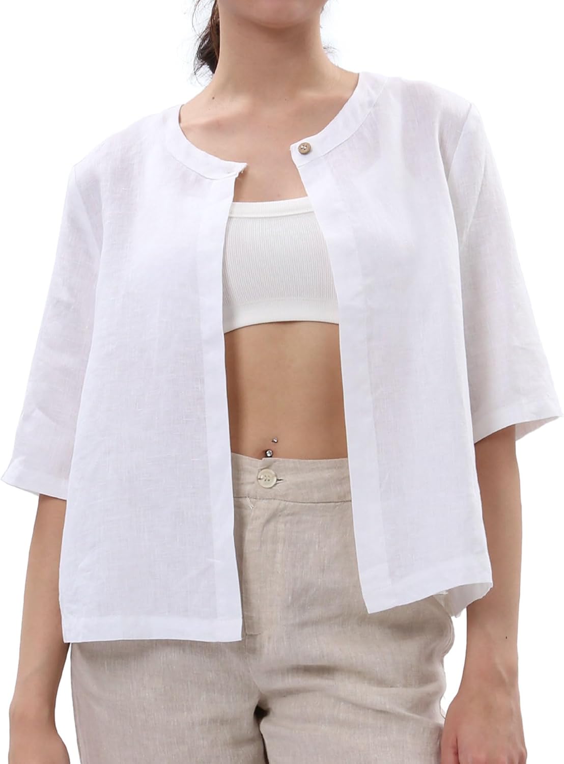 Women's 100% Linen Open Front Elbow Sleeve Cropped Cardigan