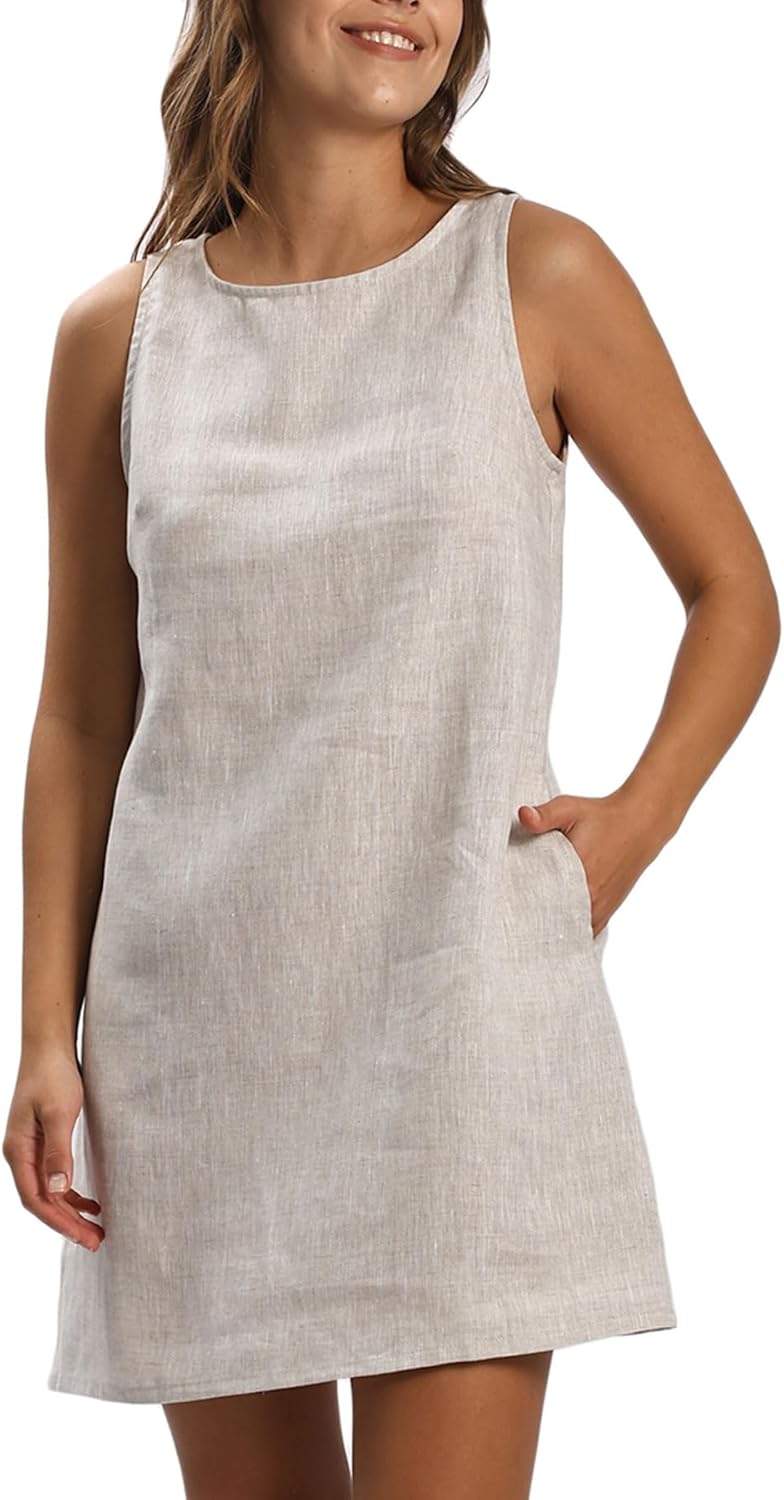 Women's 100% Linen Sleeveless Crewneck Tank Mini Dresses