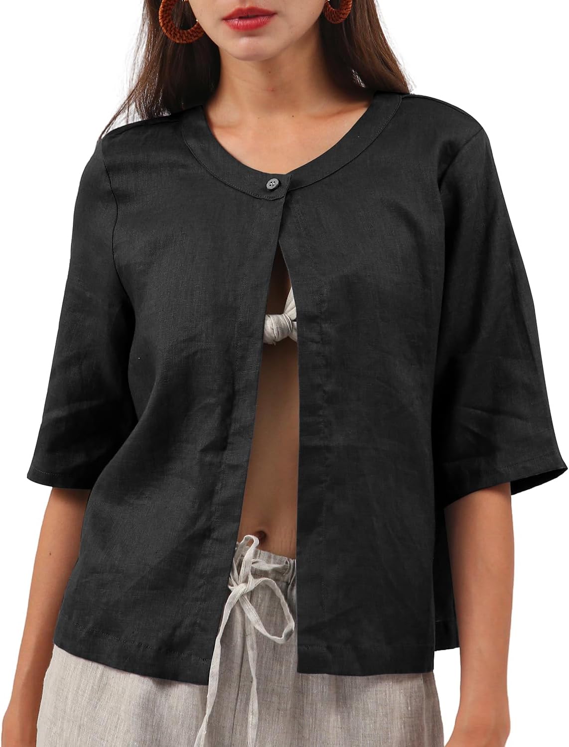 Women's 100% Linen Open Front Elbow Sleeve Cropped Cardigan