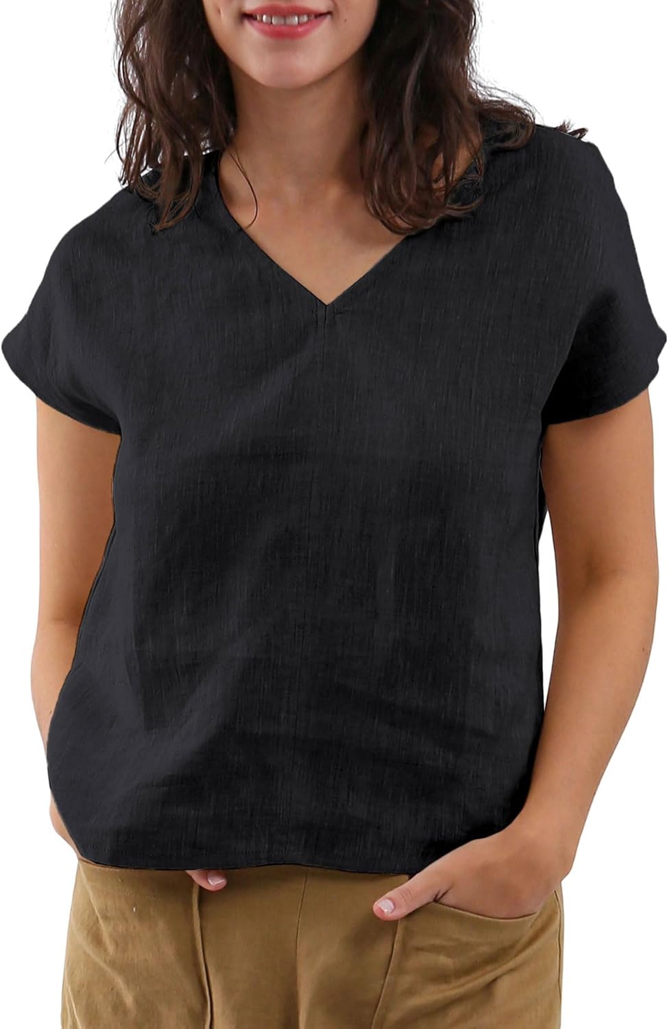 Women's 100% Linen V Neck Short Sleeve Tops