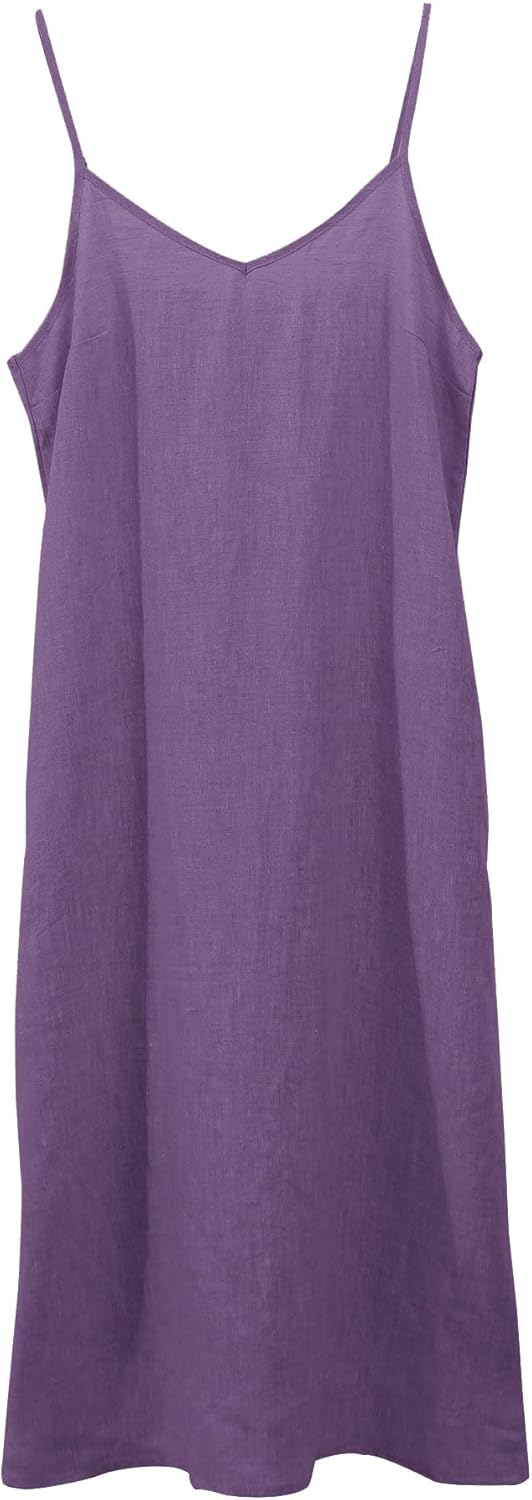 Women's 100% Linen Spaghetti Strap Slip Midi Dress with Pockets