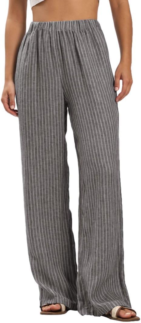 Women's 100% Linen Elastic Waist Stripes Wide Leg Pants