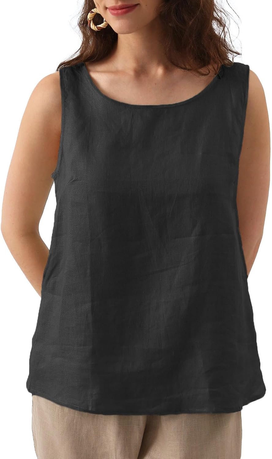 Women's 100% Linen Crewneck Sleeveless Tank Tops