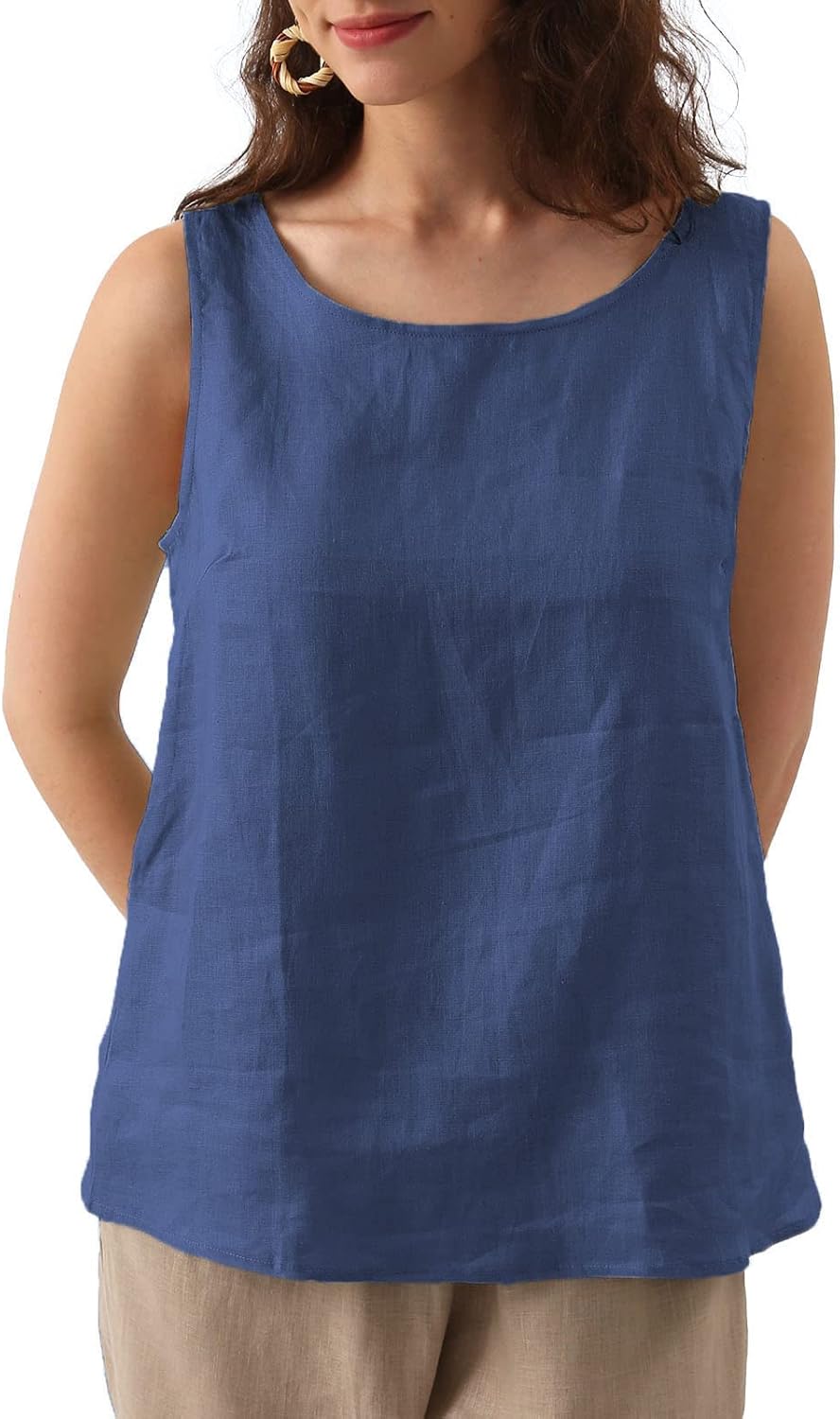 Women's 100% Linen Crewneck Sleeveless Tank Tops