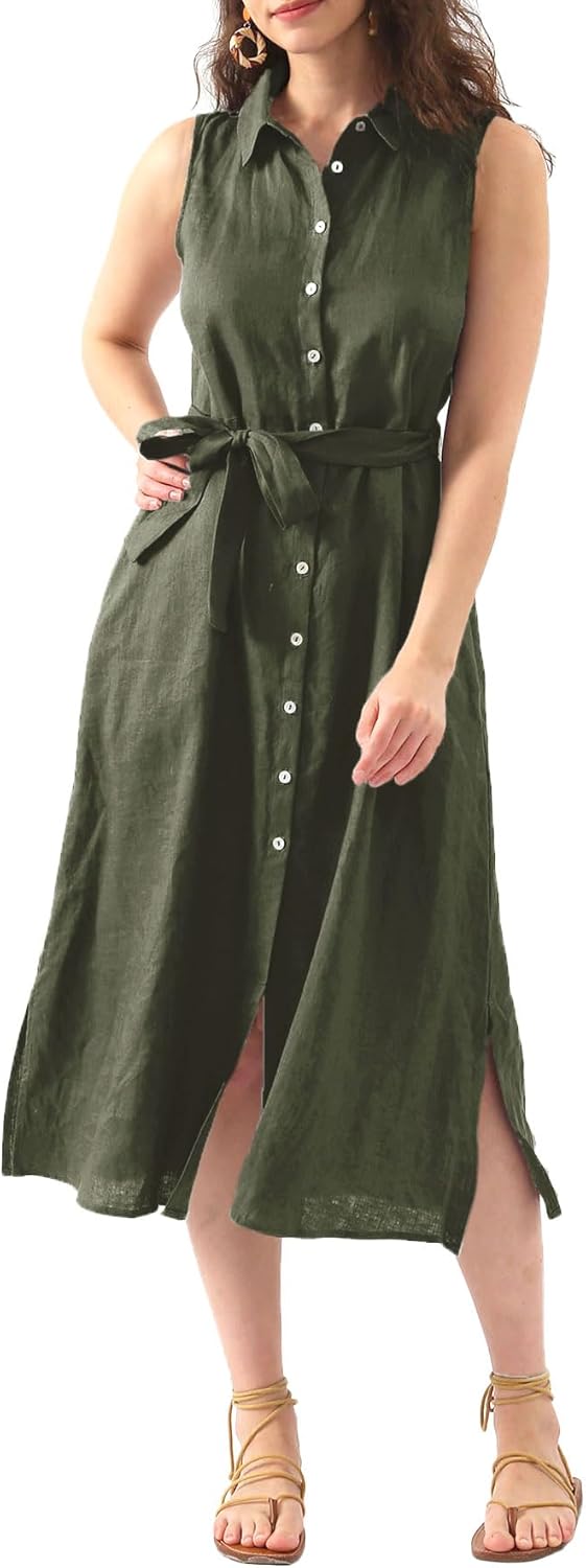 Women's 100% Linen Button Down Midi Dresses