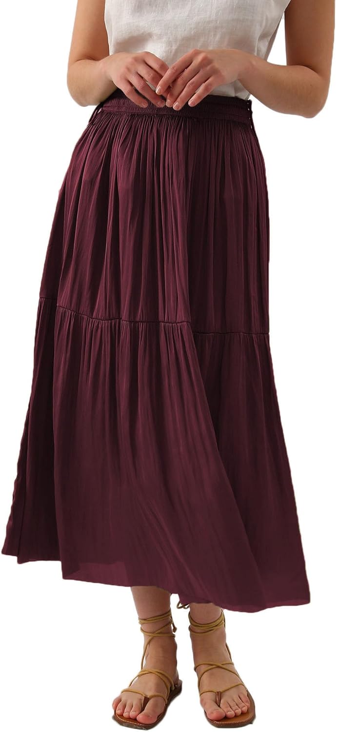 Women's Pleated A Line Flowy Midi Skirt