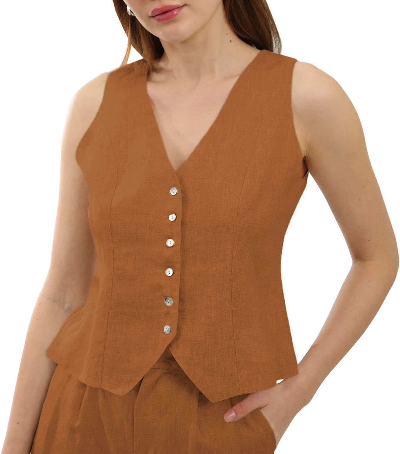 Women's 100% Linen Sleeveless Button Down Crop Waistcoat