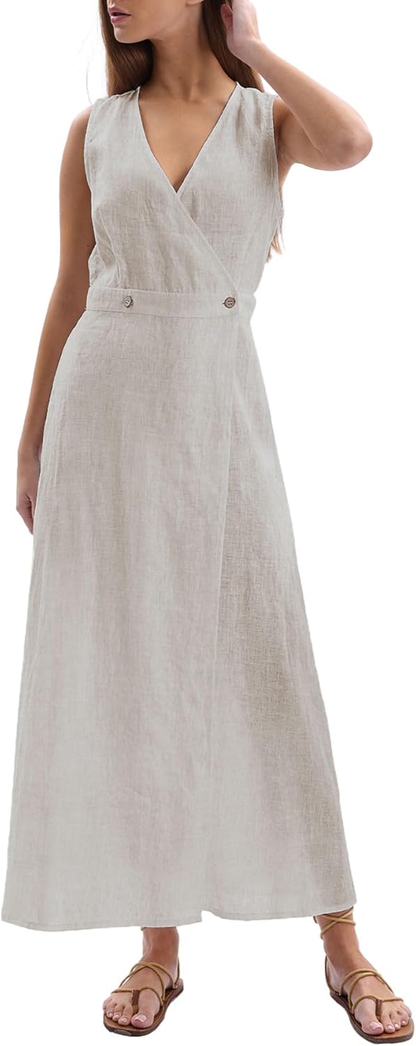 Women's 100% Linen Sleevelesss V-Neck Wrap Midi Dresses