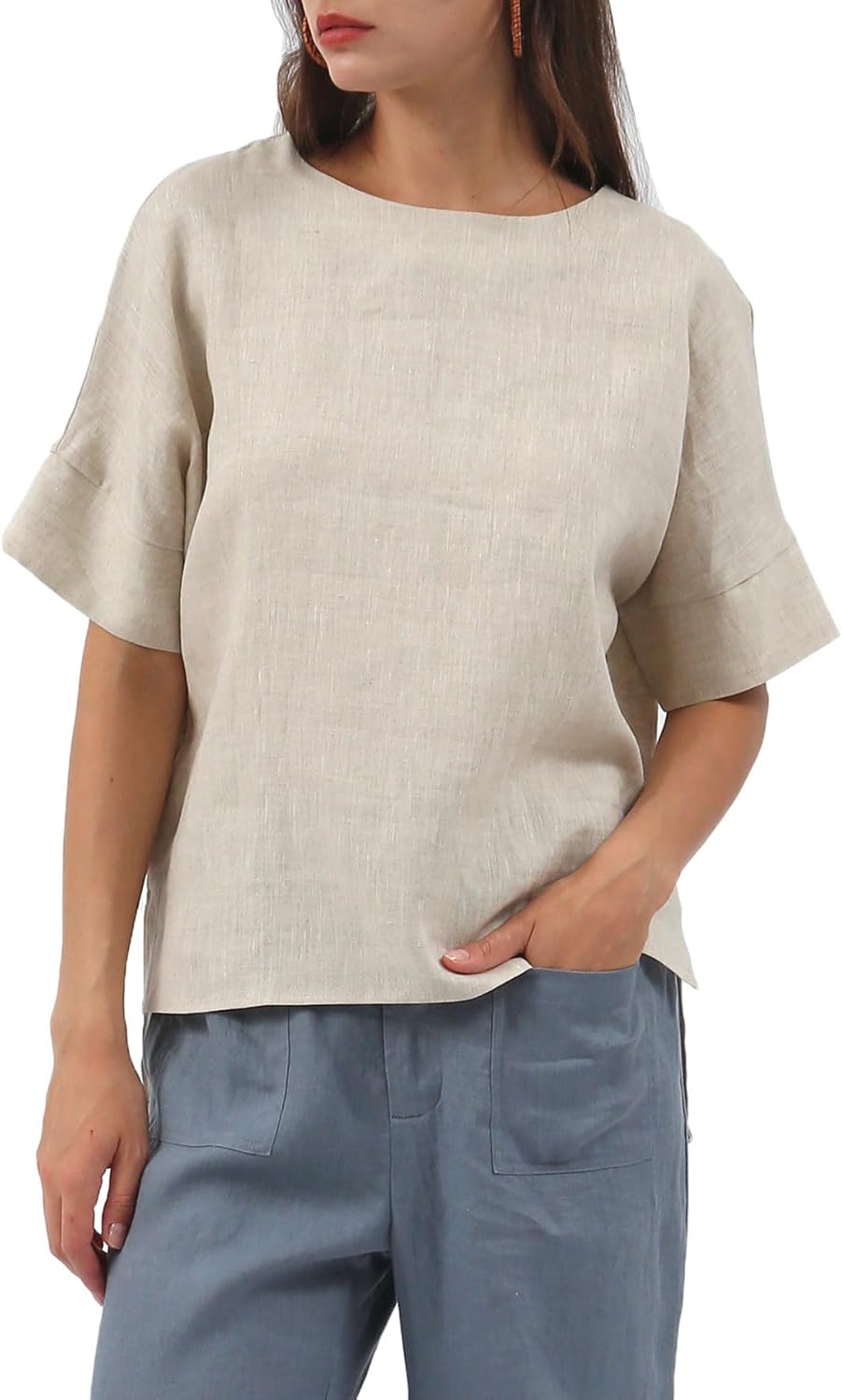 Women's 100% Linen Tops Crewneck Short Sleeve Blouses