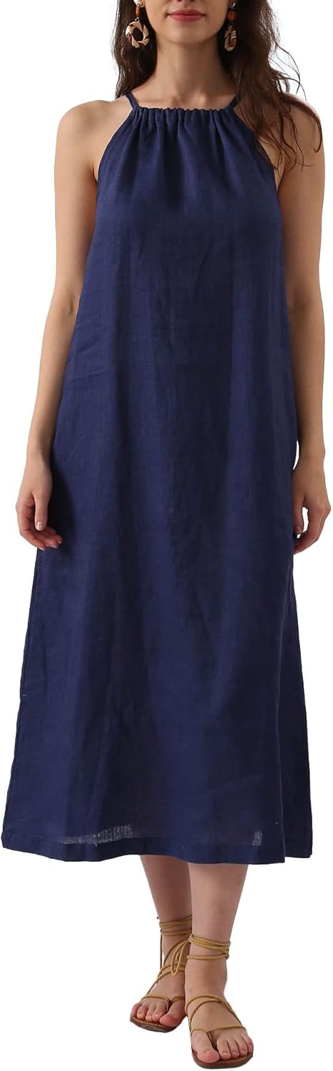 Women's Linen Halter Sleeveless Maxi Dress