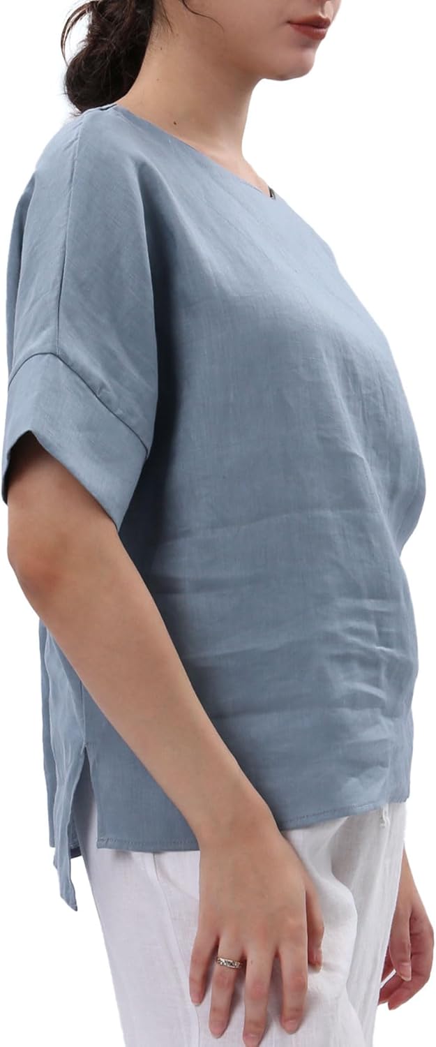 Women's 100% Linen Tops Crewneck Short Sleeve Blouses