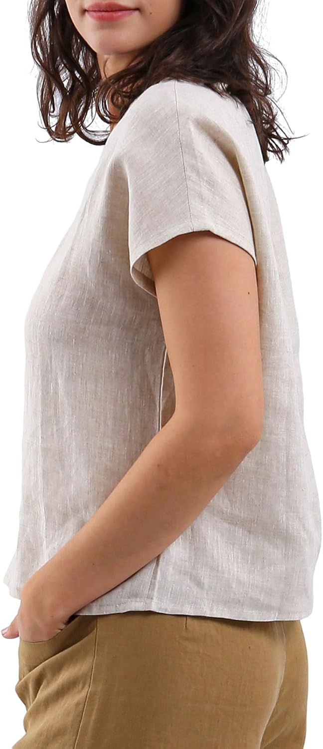 Women's 100% Linen V Neck Short Sleeve Tops