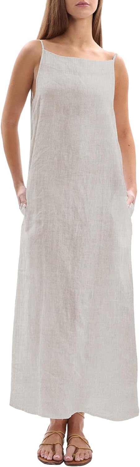 Women's 100% Linen Sleevelesss Black Tie Maxi Dresses