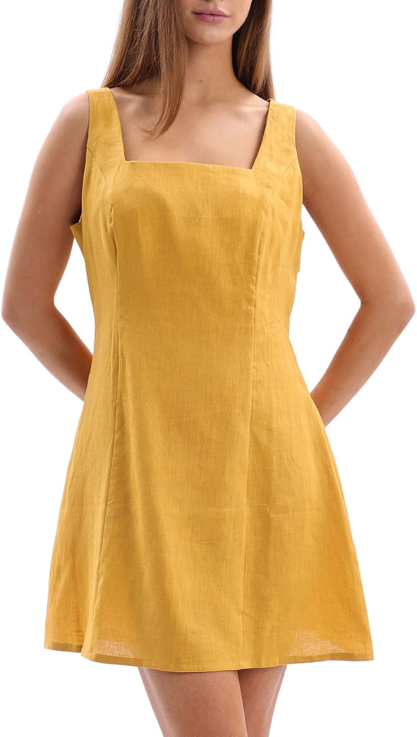 Women's 100% Linen Square Neck Sleeveless Mini Tank Dresses